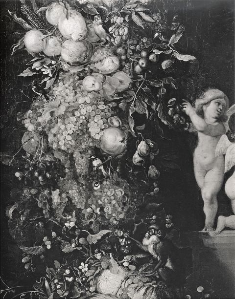 Anonimo — Brueghel Jan il Vecchio; Balen Hendrik van I - sec. XVII - Ghirlanda di frutta con putto — particolare